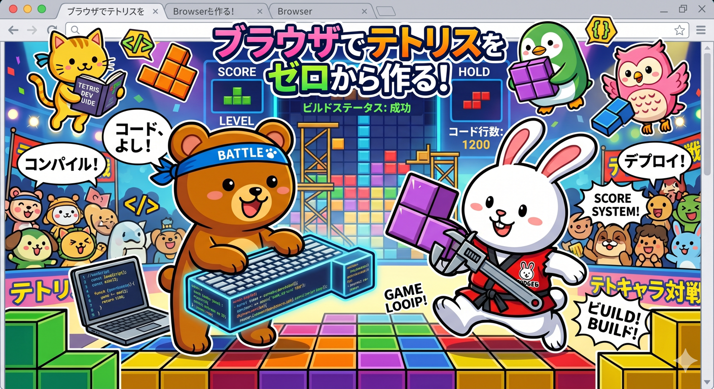 ブラウザでテトリスをゼロから作るイメージ — ビルド成功 / コード行数 1200 / キーボードに乗るキャラと TETRO ブロックを抱えるキャラ