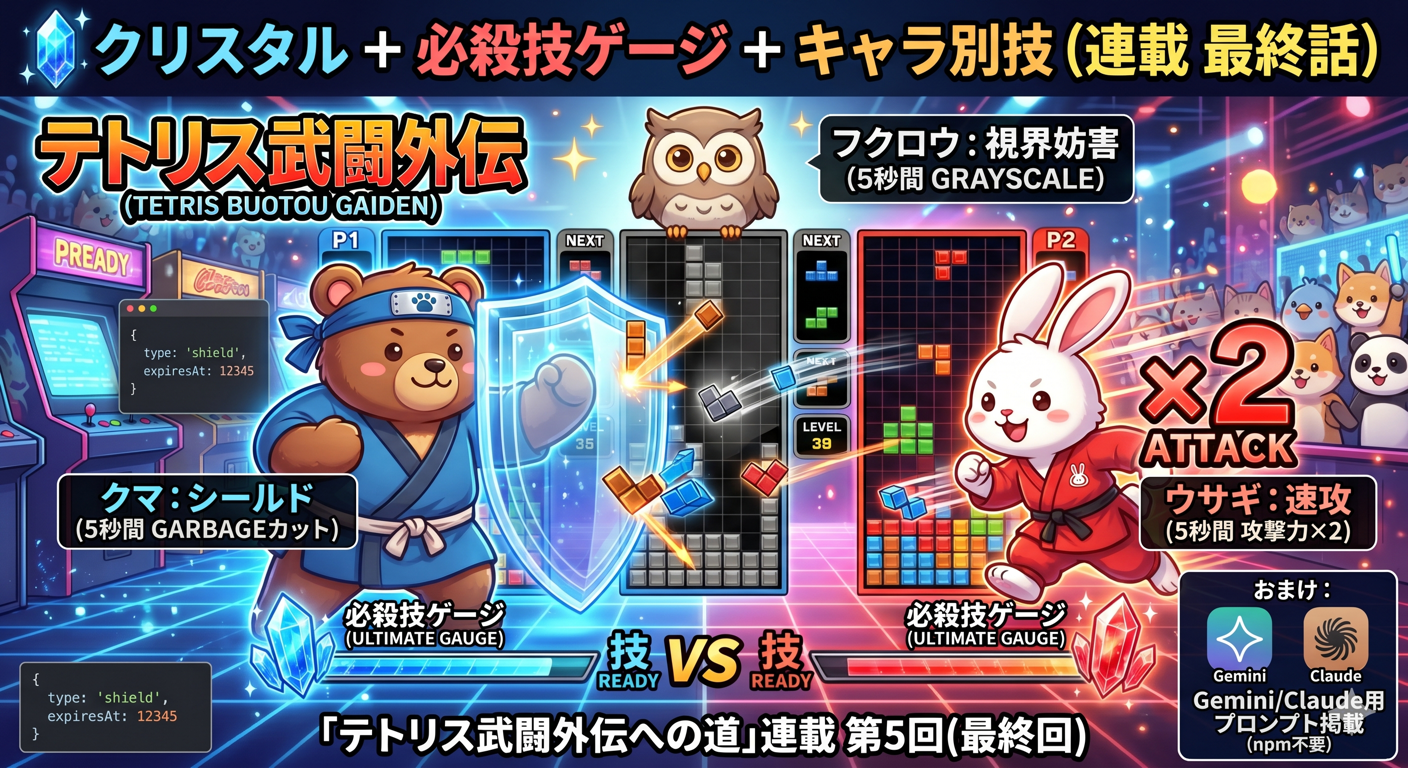 対戦テトリス連載 最終話のイメージ — クマ(シールド)と ウサギ(速攻 ×2 攻撃) と フクロウ(視界妨害)の 3 キャラの必殺技